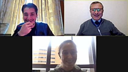 A girl and a boy from the USA participating in an online group Turkish class.